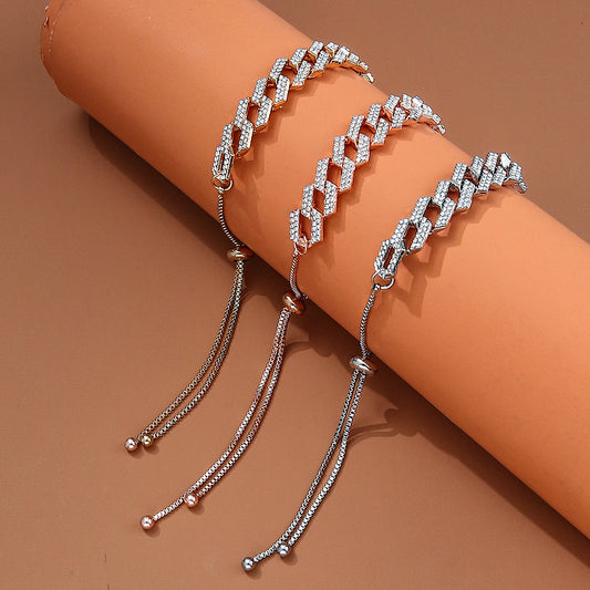 Hip Hop Trendy Thick Bracelets Exquisite Crystal Woman 3 Color Mental Figaro Bracelets Easy-wear Drawstring